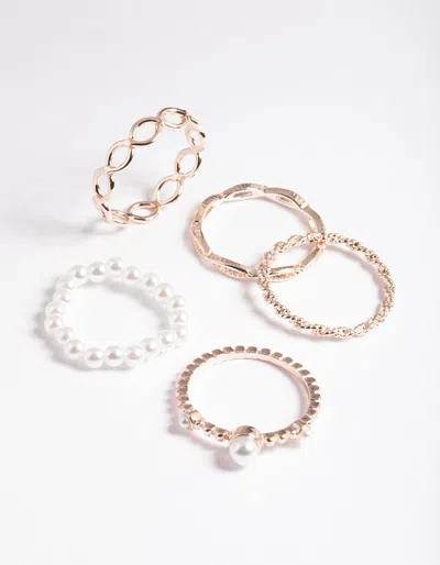 Lovisa Rose Gold Pearl And Twist Ring 5-pack In Silver