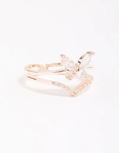 Lovisa Rose Gold Plated Cubic Zirconia Butterfly Double Band Ring In Multi