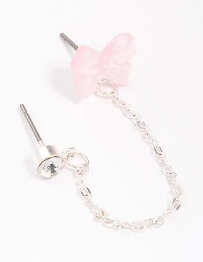 Lovisa Silver Bow Diamante Stud Chain Earring In Pink