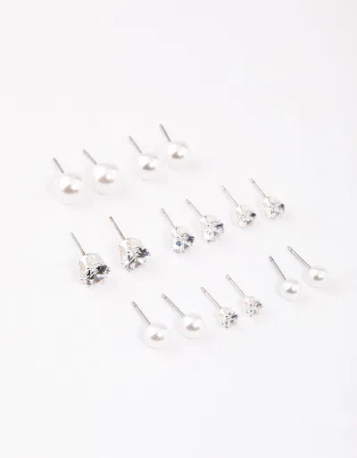Lovisa Silver Graduating Diamante & Pearl Earrings 8-pack In Metallic