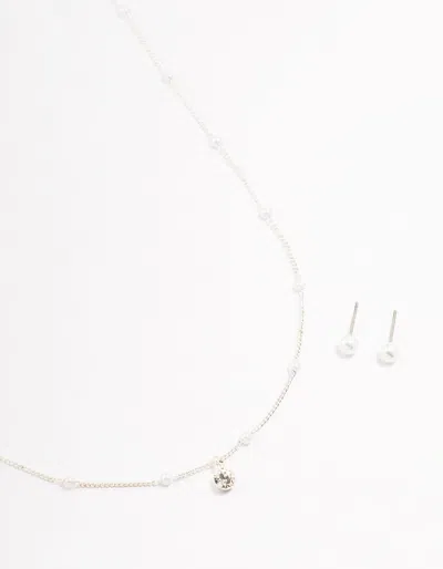 Lovisa Silver Pearl Czech Crystal Necklace & Earrings Set In White