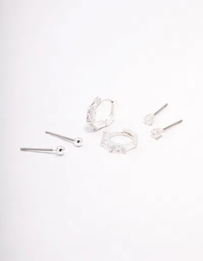 Lovisa Silver Plated Baguette Huggie Earring 3-pack Premium Silver Plated On Brass Hypoallergenic Elegant A In Multi