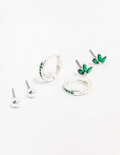 Lovisa Silver Plated Cubic Zirconia Marquise Stud & Huggie Hoop Earring Pack In Green