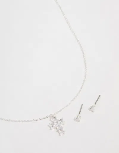 Lovisa Silver Plated Cubic Zirconia Mini Cross Necklace & Stud Earrings Set
