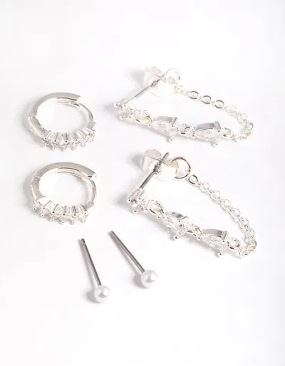 Lovisa Silver Plated Cubic Zirconia Pear Chain Earrings 6-pack In Multi