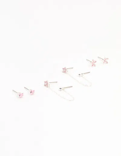 Lovisa Silver Plated Heart Flower Chain Earrings 4-pack In Pink