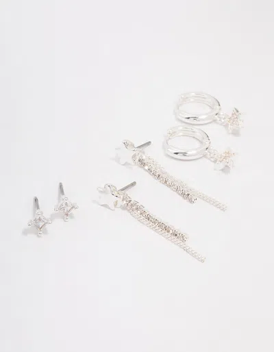 Lovisa Silver Plated Star Chain Earring 3-pack Premium Silver Plated On Brass Hypoallergenic Elegant And Ve In Multi