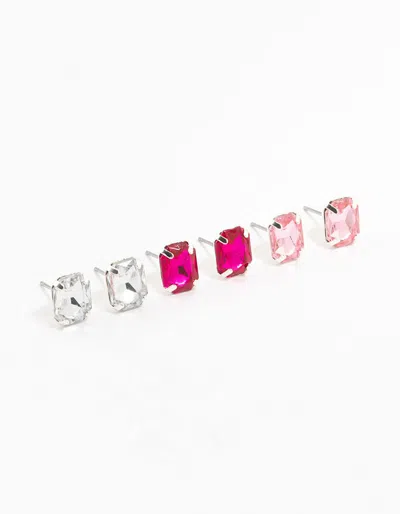 Lovisa Silver Rectangular Diamante Stud Earrings 3-pack In Pink