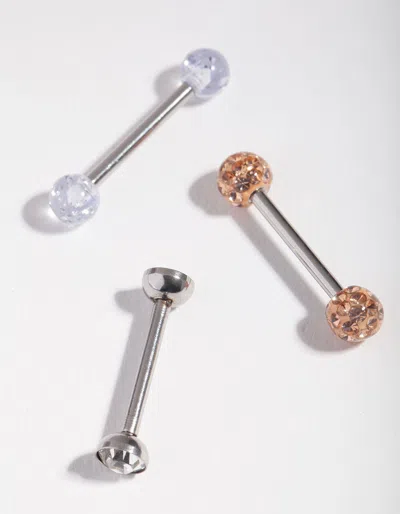 Lovisa Surgical Steel Opal Diamante 3-pack Tongue Rings In Silver