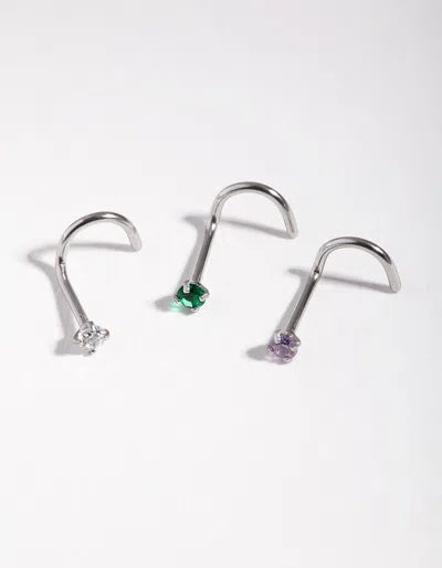 Lovisa Surgical Steel Rhodium Classic Gem 3-pack Nose Studs In Silver