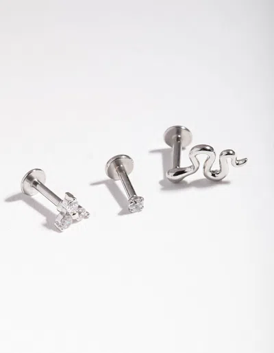 Lovisa Surgical Steel Rhodium Diamante & Snake Flat Back Pack In Metallic