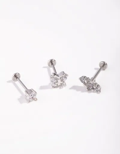 Lovisa Surgical Steel Rhodium Fine Butterfly 3-pack Flat Back In Multi