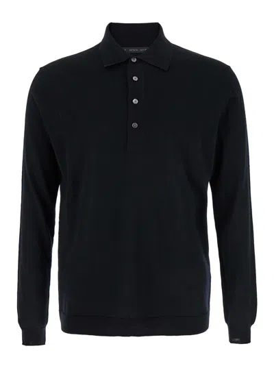 Low Brand Blue Polo Shirt With Long Sleeve In Virgin Wool In Black