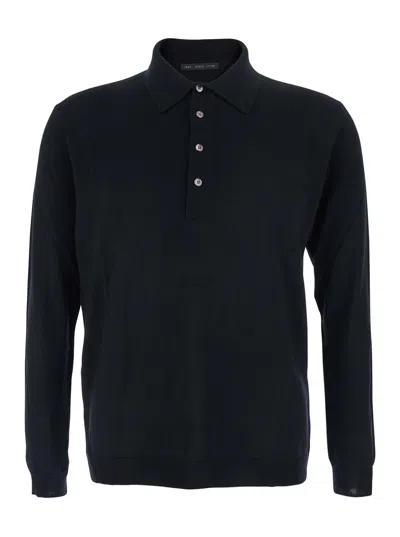 LOW BRAND BLACK SWEATER WITH POLO SHIRT STYLE COLLAR AND LONG SLEEVES IN WOOL MAN