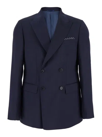 Low Brand Blue Double-breasted Jacket With Peak Revers