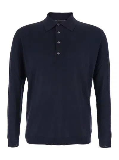 LOW BRAND BLUE SWEATER WITH POLO SHIRT STYLE COLLAR AND LONG SLEEVES IN WOOL MAN
