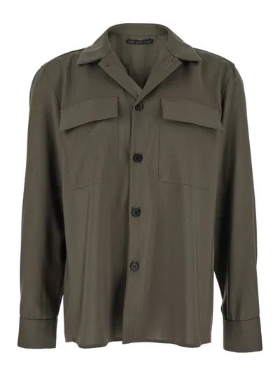 Low Brand Green Shirt With Classic Collar And Applied Pockets On The Front In Fabric Man