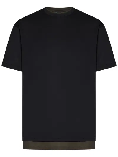 Low Brand Layered Effect Black Crewneck T-shirt With Contrasting Edges