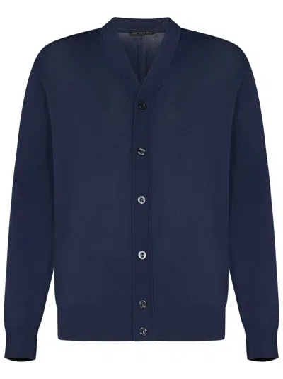 Low Brand Lux Crepe Knit V-neck Cardigan With Intarsia Details In Blue