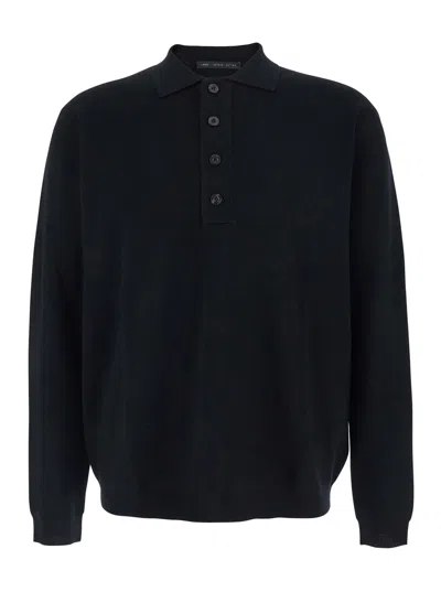 Low Brand Men's Wool Polo-collar Sweater With Button Front And Ribbed Trims In Black