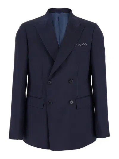 LOW BRAND BLUE DOUBLE-BREASTED JACKET WITH PEAK REVERS AND EMBROIDERY DETAIL ON THE FRONT IN WOOL MAN
