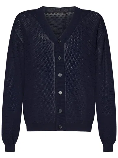 Low Brand V-neck Cardigan In Open-stitch Combed Cotton In Blue