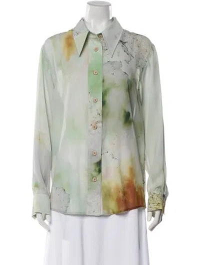Pre-owned Low Classic 20ss Silk Shirt Print Patterned Button-up Top W/ Tags In Green