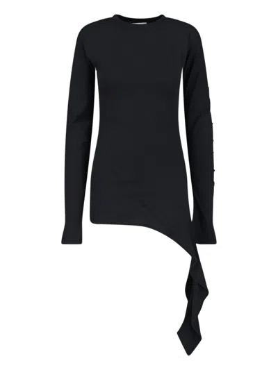 Low Classic Asymmetrical Drape Long Sleeve Top In Black