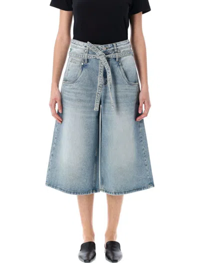 Low Classic Belted Denim Bermuda Pants In Blue