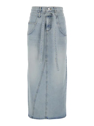 LOW CLASSIC BLUE HIGH-WAISTED SKIRT WITH BELT ON THE WAIST AND REAR SINGLE SLIT IN DENIM WOMAN