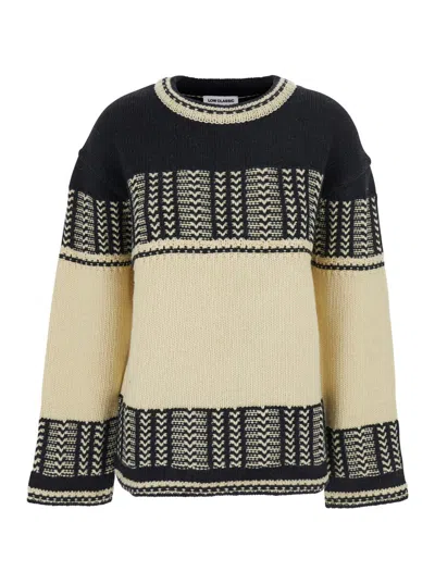 LOW CLASSIC BLACK AND WHITE CREW NECK SWEATERWITH ALL-OVER INTARSIA IN WOOL WOMAN