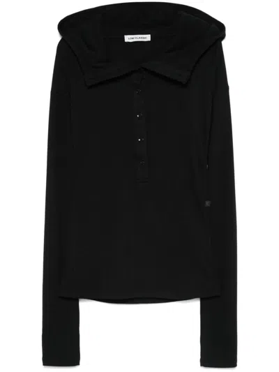 Low Classic Buttoned Hooded Top In Black