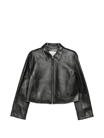 Low Classic Long-sleeved Leather Jacket In Black