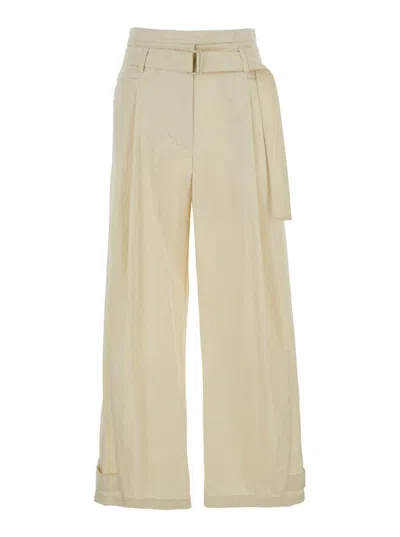 LOW CLASSIC BEIGE PANTS WITH DOUBLE BELT AND PLEATED DETAILS IN COTTON BLEND WOMAN