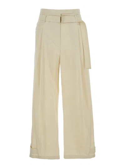 LOW CLASSIC BEIGE PANTS WITH DOUBLE BELT AND PLEATED DETAILS IN COTTON BLEND WOMAN