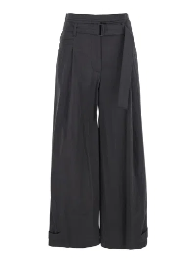LOW CLASSIC GREY PANTS WITH DOUBLE BELT AND PLEATED DETAILS IN COTTON BLEND WOMAN