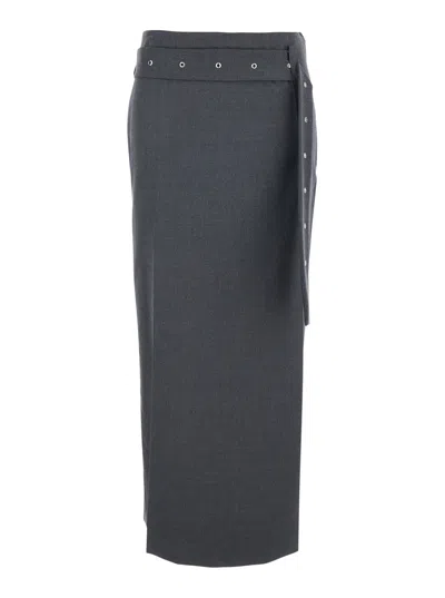 Low Classic Fabric Skirt With Waist Belt And Silver-tone Hardware In Grey