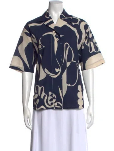 Pre-owned Low Classic Graphic Print Short Sleeve Button-up Top In Blue