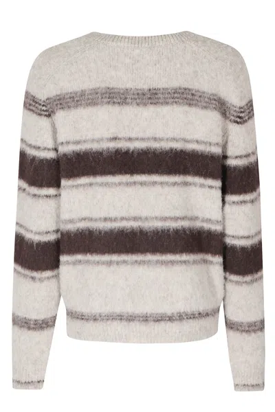 Low Classic Horizontal Stripe Fuzzy Sweater With Ribbed Trims In Beige