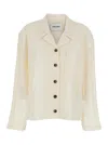 Low Classic White Jacket With Notched Revers And All-over Lace Embroidery In Beige