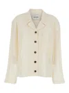 Low Classic White Jacket With Notched Revers And All-over Lace Embroidery In Beige