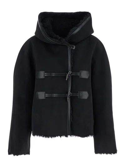 LOW CLASSIC BLACK JACKET WITH FIXED HOOD AND REVERSIBLE DESIGN IN FABRIC WOMAN