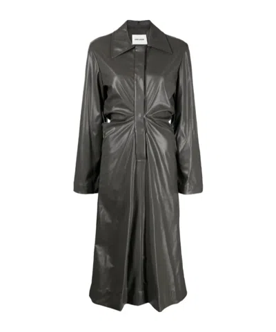 Low Classic Ruched Faux-leather Shirt Dress In Gray