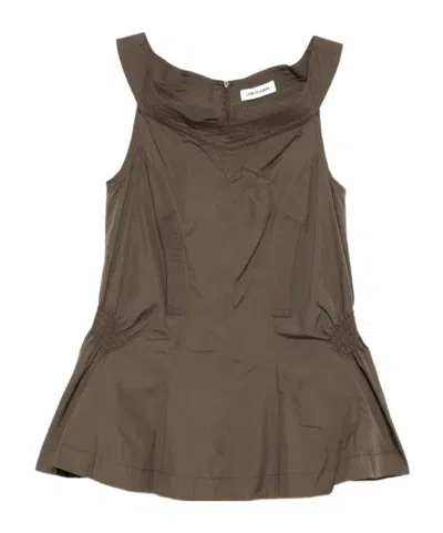 Low Classic Shirred Blouse Top In Brown