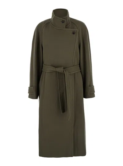 Low Classic Soft Wool Twill Wrap Coat In Green