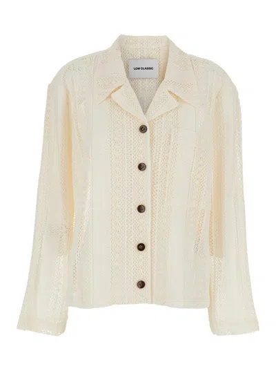 Low Classic White Jacket With Notched Revers And All-over Lace Embroidery In Neutral