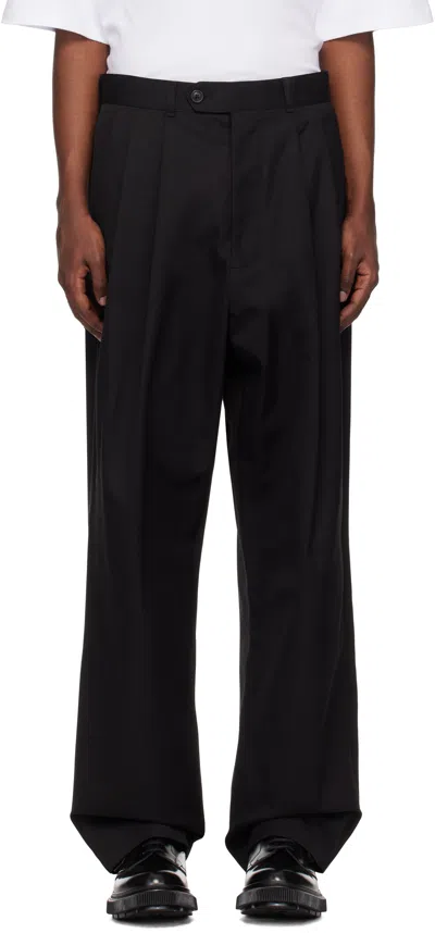 Lownn Black Cotton Gabardine Double Pleated Wide Trousers