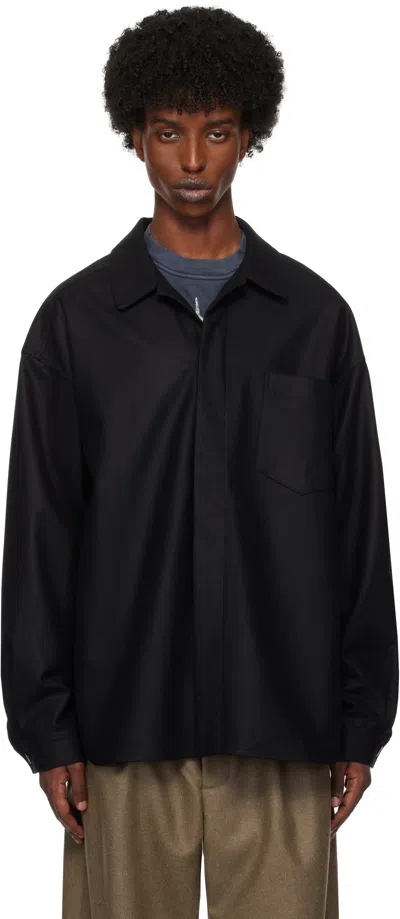 Lownn Black Flannel Wool Minimal Shirt