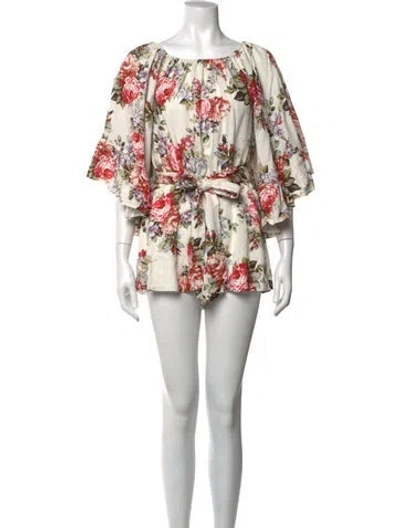Pre-owned Lpa Floral Print Off-the-shoulder Romper In White