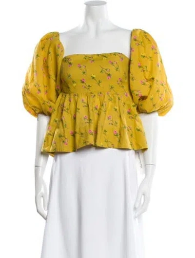 Pre-owned Lpa Floral Print Square Neckline Top In Yellow